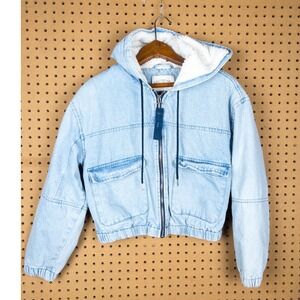 Ashley Vintage Charm Denim Sherpa Lined Hooded Bomber Jacket Light Wash